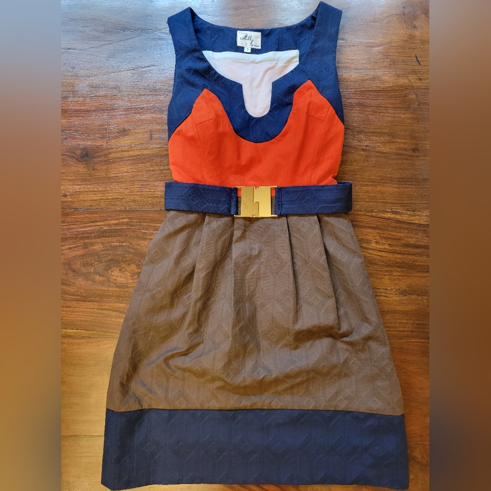 Milly of New York Vintage Dress | Size 0 | Orange, Navy, Brown